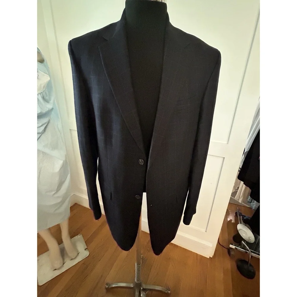 Vtg 80s Nautica Sports Coat 43L Navy Cashmere Wool Blend Plaid Windowpane